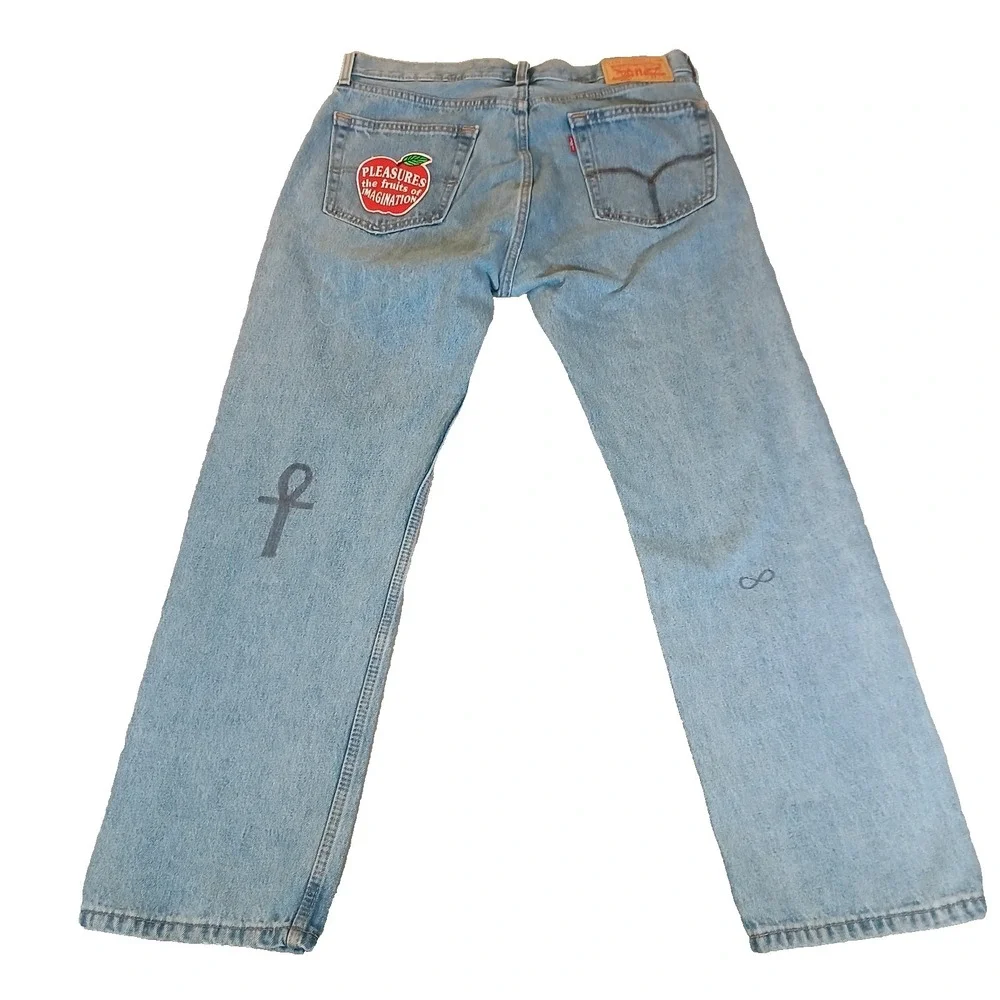 Levis 505 Jeans Mens 34x29 Blue Medium Wash Straight Denim Pants Logo Patches